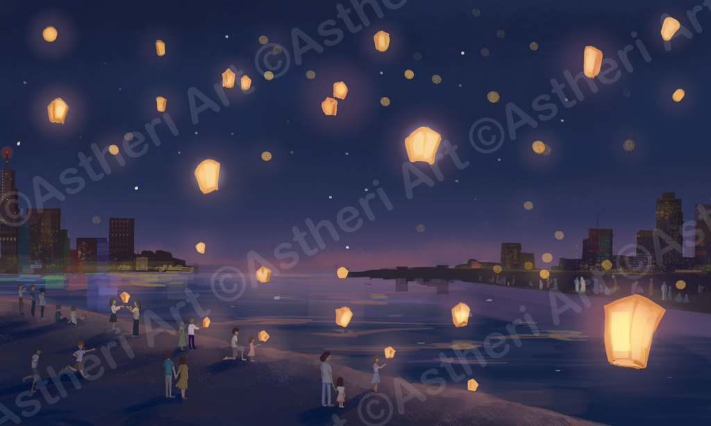 &#8220;Lanterns&#8221;, illustration for &#8220;The Big Book of Wishes&#8221; by Cordell Phillips | Freehand digital, 2023 | Commission (not to be distributed)